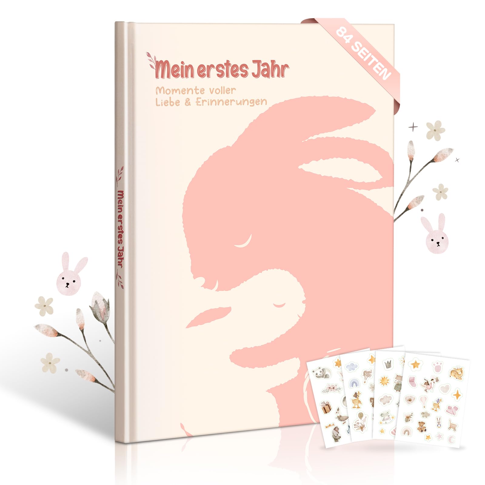 Mein Erstes Jahr Babyalbum – 84 Seiten Hardcover, Boho Design, pädagogisch gestaltet, Erinnerungsbuch für Fotos & Meilensteine – Geschenk zur Geburt & Taufe, Hasenmotiv für Mädchen