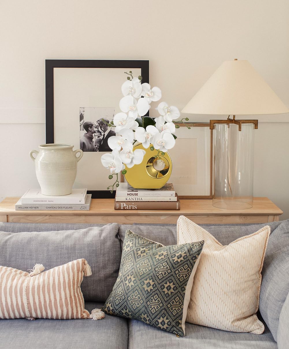 Briful Artificial Orchid Flowers in Gold Pot 15.7" Tall White Faux Orchid Arrangement Silk Orchid Flower Fake Orchids Centerpiece for Home Office Room Wedding Table Décor - Image 5