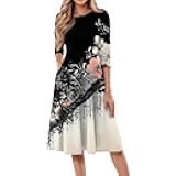 Women's 3/4 Sleeve Midi Dress Casual Round Neck Summer Dresses 2025 A Line Floral Print Curvy Dress with Pockets
