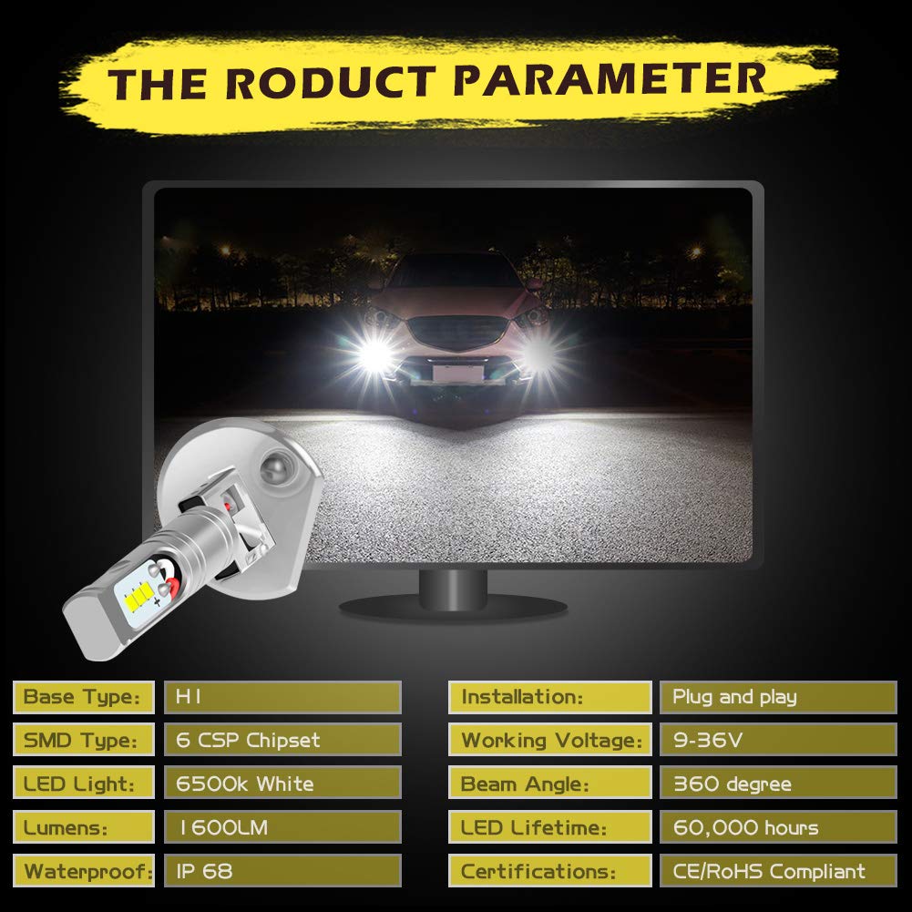 KATUR H1 Ampoule LED antibrouillard Max. 80W CSP Puces 1600 lumens 6500K Phare antibrouillard Blanc ou feu diurne DRL, Paquet de 2