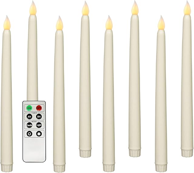 Rhytsing Set of 8 Battery Operated Led Taper Candles with Remote, Ivory Dining Candles Smooth Wax Finish, Warm White LED, Batteries Included