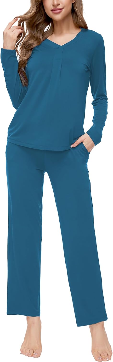 GYS Bamboo Viscose Pajama Sets for Women 2 Piece Long Sleeve V Neck Sleepwear