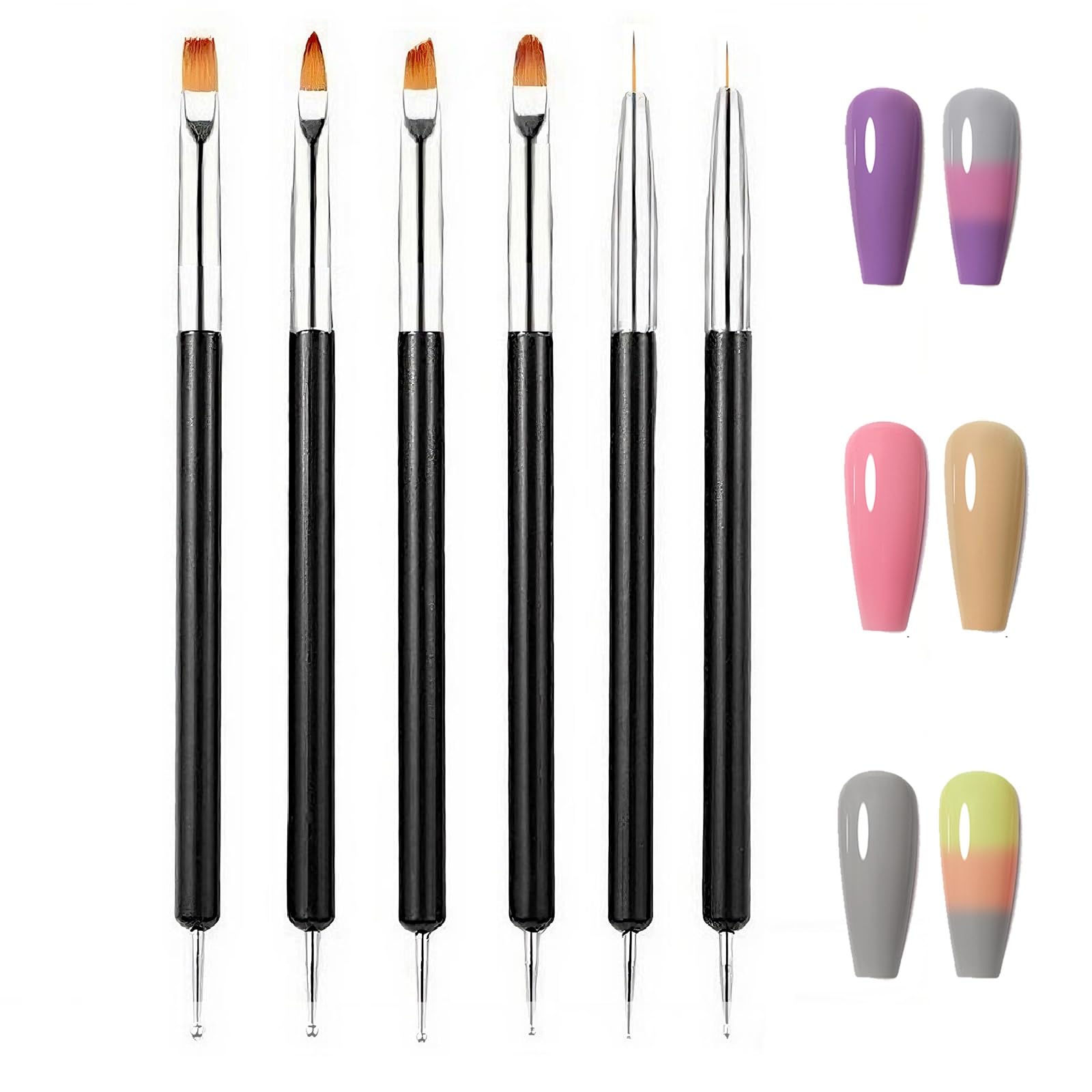 FULINJOY 6PCS Double-Ended Nail Art Brush Kit For Gel Polish, Liner, Drawing, Dotting and Detailing - Professional Nail Art Design Pen And Paint
