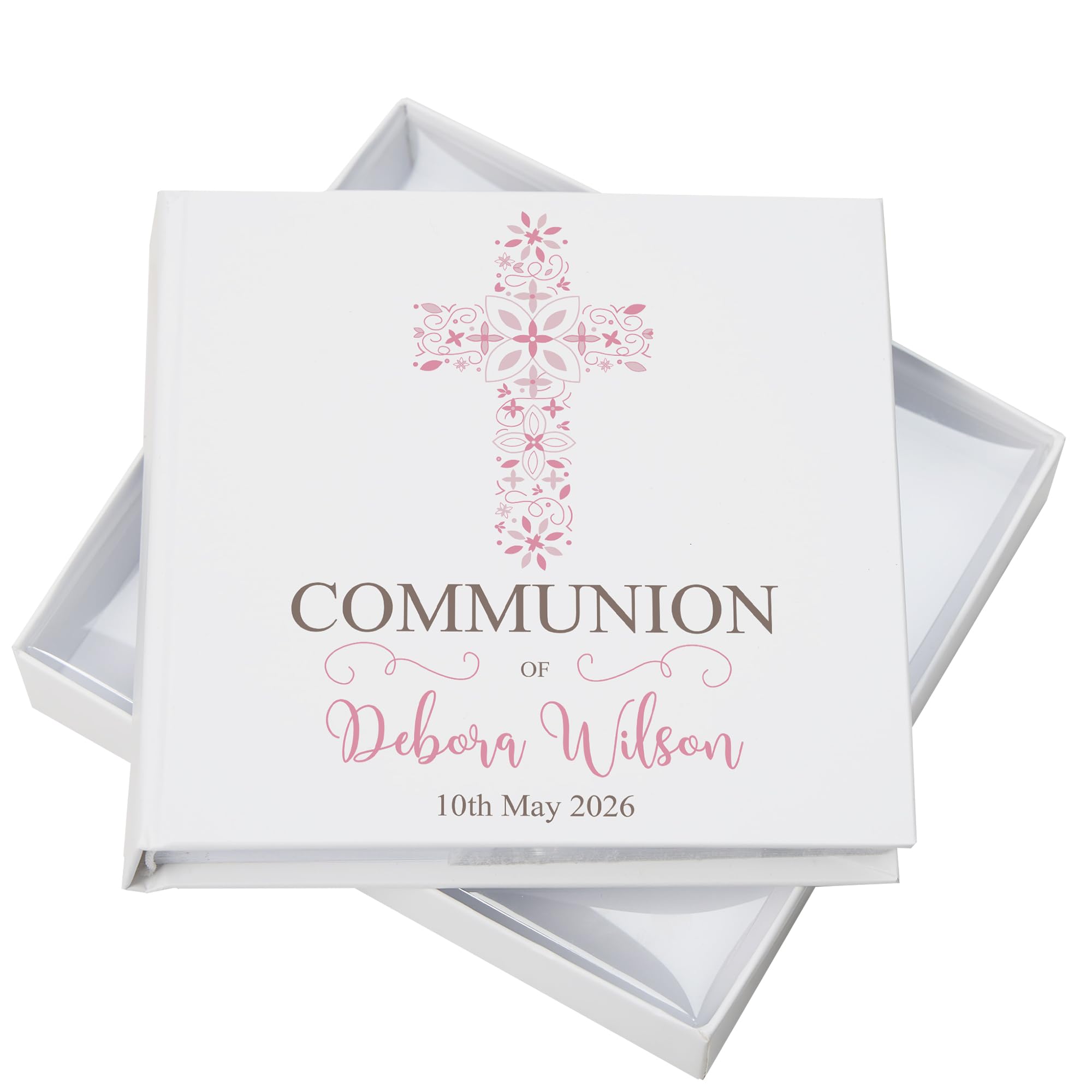 Ukgiftstoreonline White Personalised First Holy Communion Photo Album Ornate Pink Cross Design Photo Album