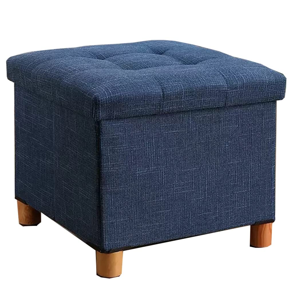 Repose-pieds rangement gain de place, pouf pliable bleu foncé avec couvercle