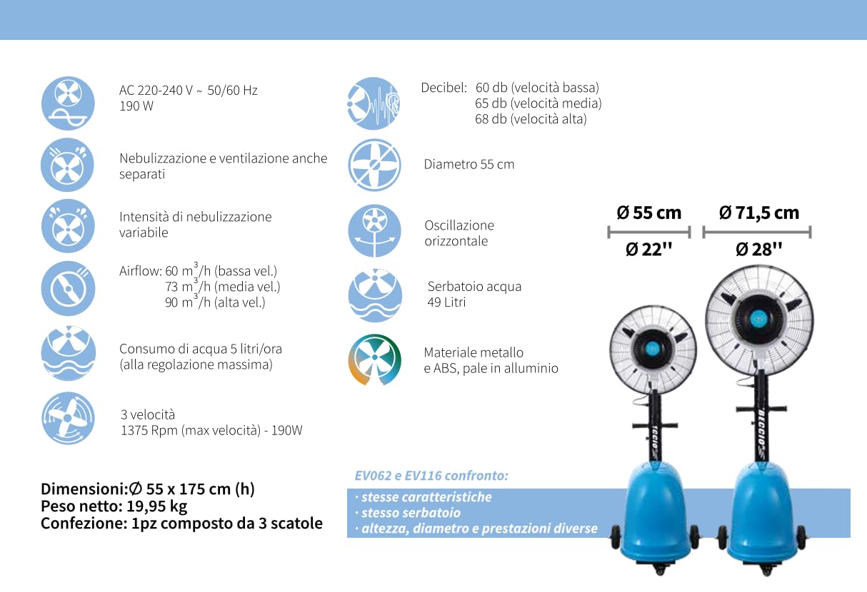 CFG Libeccio 22 Mist Fan Ventilatore con nebulizzatore per giardino, impianti sportivi, eventi fieristici, dehor, terrazze, bar, stabilimenti balneari e ristoranti