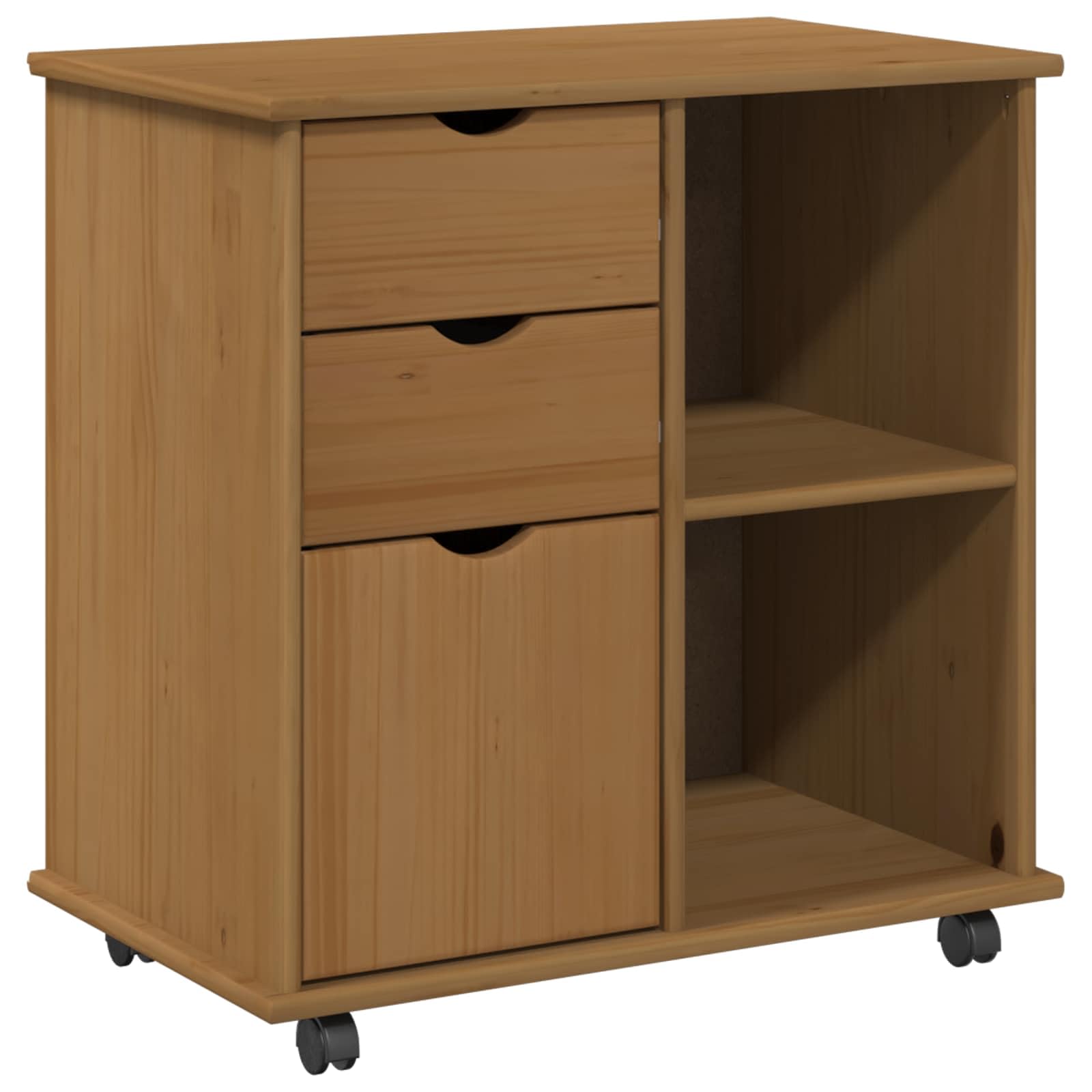 Hothingwell Szafka na kółkach z litego drewna sosnowego, brązowa, miodowa, 63,5 x 39 x 65,5 cm, szafka na kółkach z wbudowanymi półkami i uchwytami, minimalistyczny design do biura lub salonu