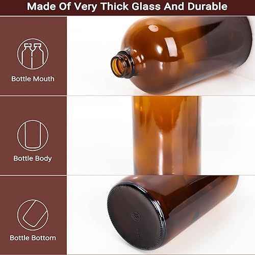 Miniatura 3 de Paquete de 2 botellas Boston de vidrio ámbar de 32 onzas con tapas de cono de polietileno fenólico. Botellas de vidrio perfectas para laboratorio,