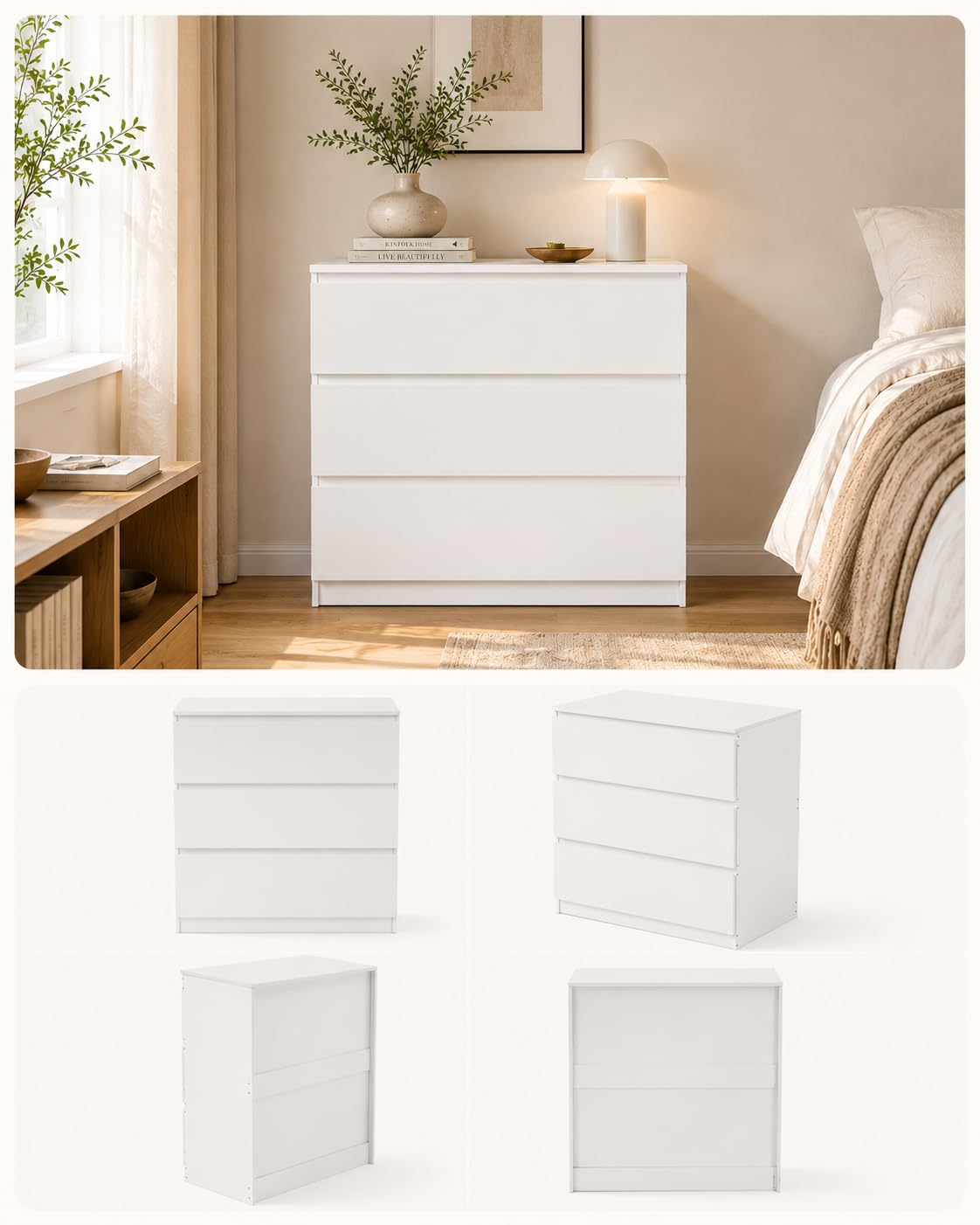 Comodino Camera da Letto, Cassettiera Salvaspazio Bianca con 3 Cassetti, Cassettiera Legno 70 x 40 x 75 cm, Comò Camera da Letto Moderno per Soggiorno e Corridoio