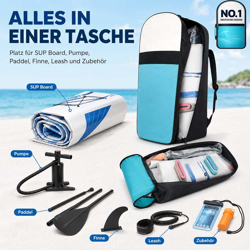 SUP Rucksack Tasche für Stand Up Paddle Board, 600D Oxford Paddleboard Tragetasche, Ersatzrucksack für aufblasbares SUP Board, Pumpe, Paddel & Zubehör