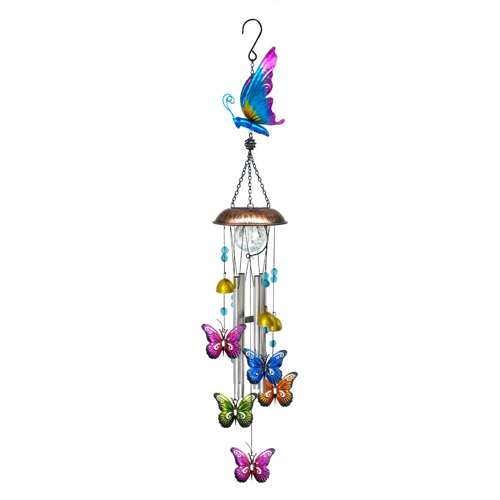 Solar Wind Chimes for Outside, 33.5 Inch Butterfly Wind Chimes Outdoors with Crackled Glass Ball Decorative Hanging in Garden, Yard, Patio