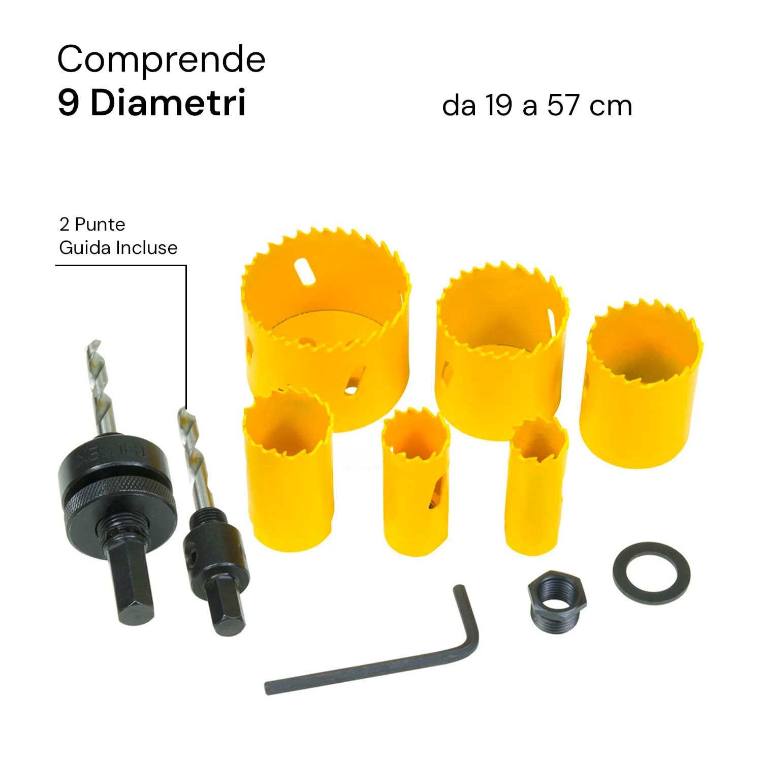 Avilia Set Valigetta con 9 Frese a Tazza Bimetalliche per Foratura di Superfici in Metallo, Legno e Plastica - Seghe a Tazza da 19-22-29-38-44-57mm