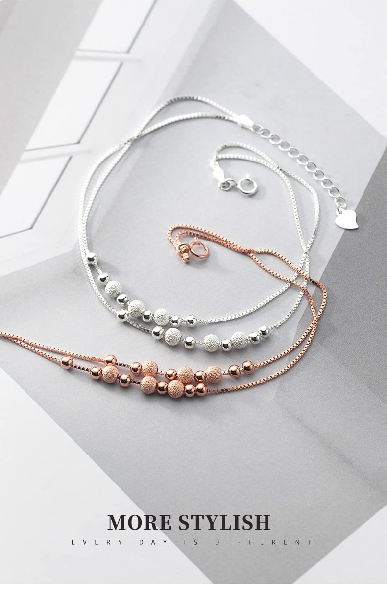Tobillera De Plata De Ley 925 con Cuentas De Bola Esmerilada De Color Rosa Y Dorado para Mujer, Cadena De Hueso De Serpiente, Joyería Fina