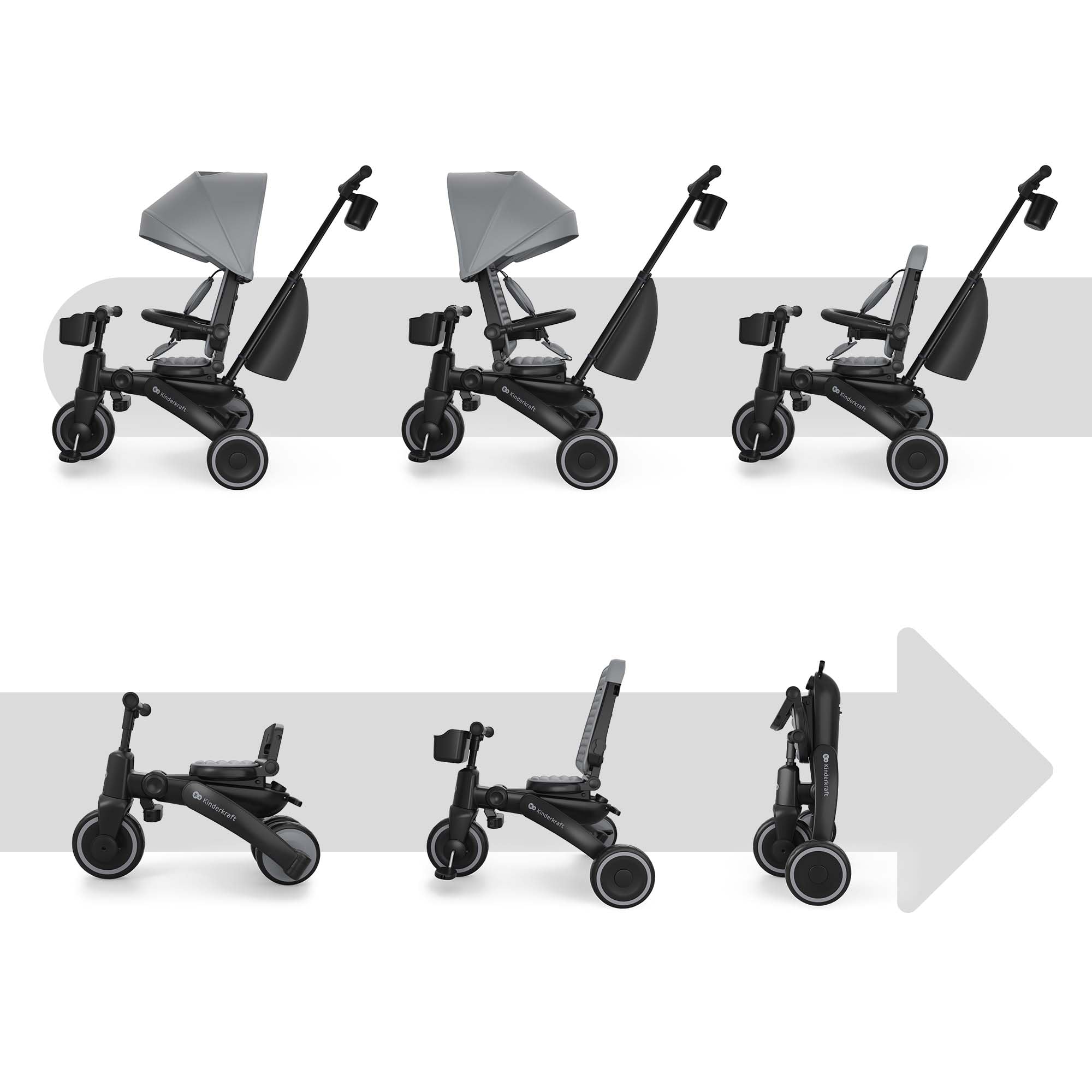 Kinderkraft Jazz 3 Tricycle Pliable, siège Rotatif 360°, Position Semi-allongée Face et Dos à la Route, Canopy UPF 50+, Pliage Compact, dès 9 Mois, Gris