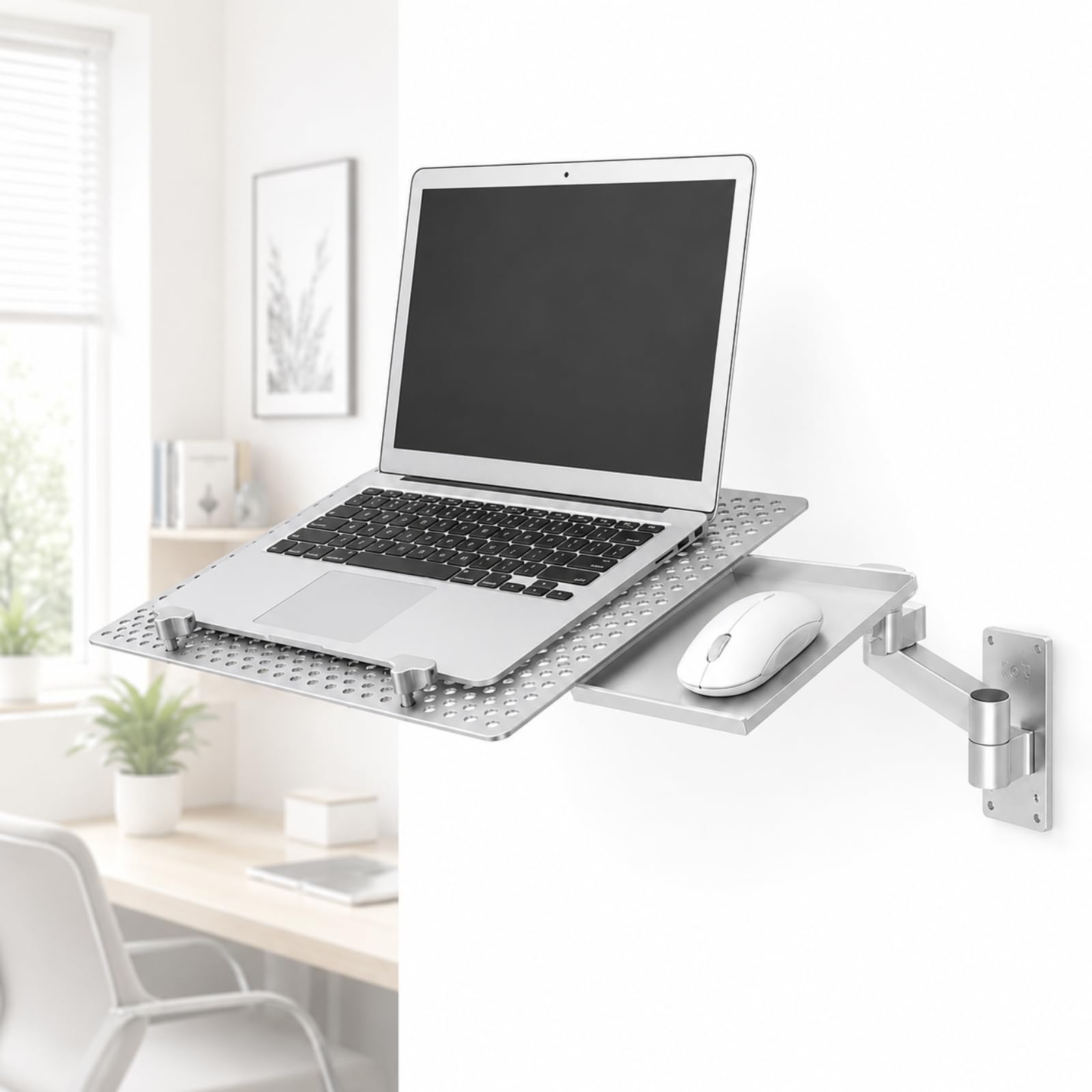 Supporto Da Parete Per Laptop, Supporto Pieghevole Con Vassoio Per Mouse Rimovibile, Capacità Di Carico 8 Kg, Rotazione A 360°, Inclinazione A 135°, Piattaforma Ventilata E Braccio Pieghevole Per