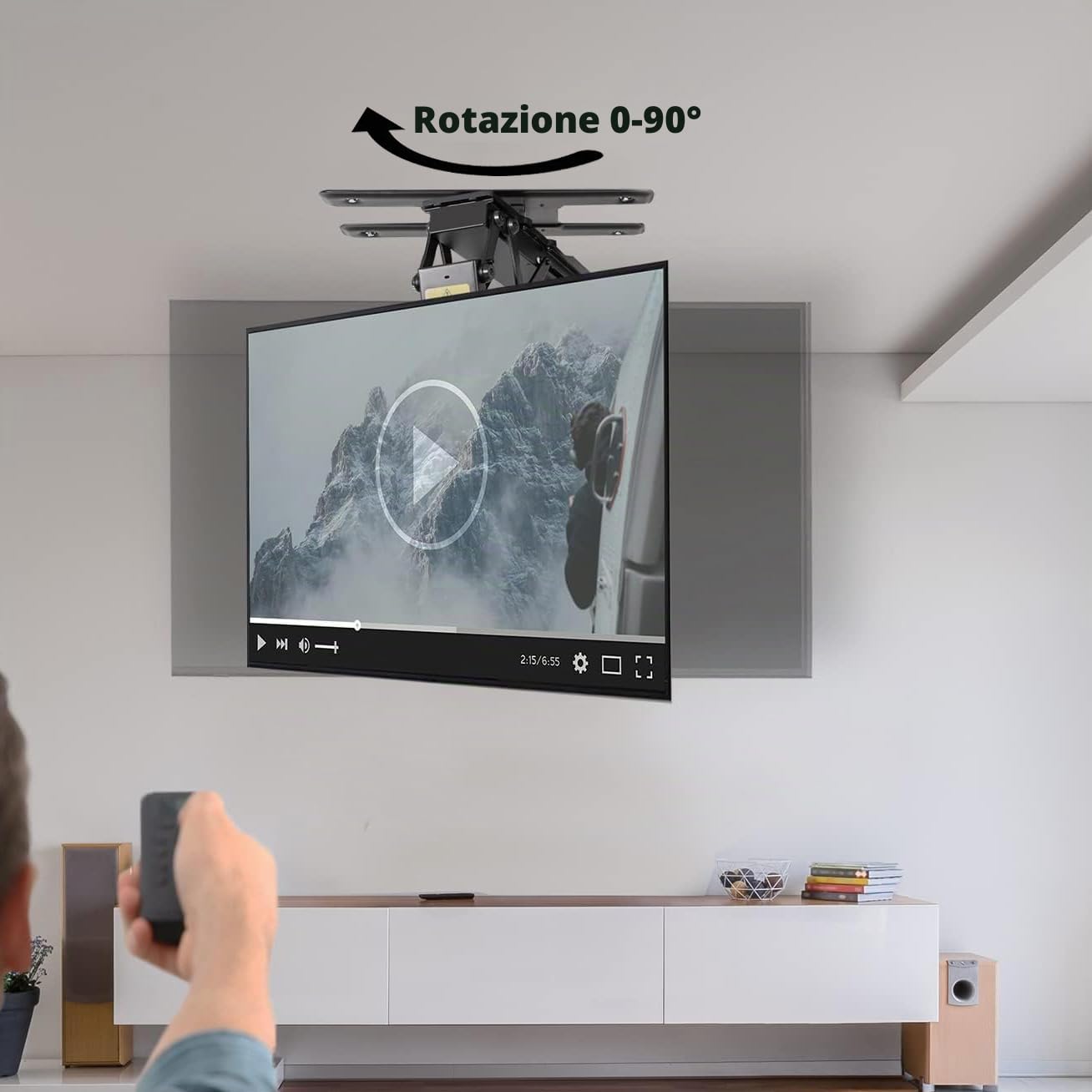 supporto motorizzato tv per soffitto ribaltabile e girevole, Regolazione dell'angolazione da 0 a 90° staffa tv soffitto motorizzata con telecomando per schermi da 32 a 70 pollici (black, 32-70 inch)