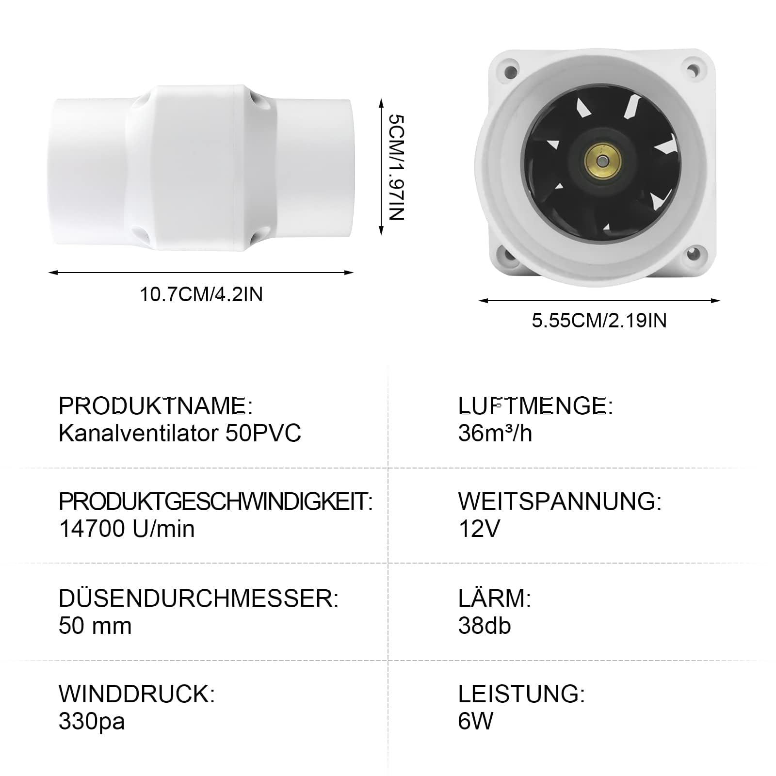 Rohrventilator 2'' Kanalventilator Klein Abluftventilator Badlüfter Mischdurchfluss Rohrlüfter für Büro, Bad, WC, Küche, Gewächshaus, Ø50mm, 36m³/h