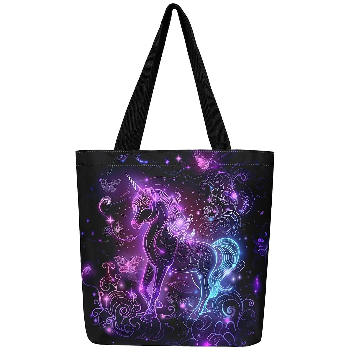 Loussiesd Purple Blue Unicorn Travel Beach Bag Neon Horse Butterfly Print Large Capacity Shoulder Handbags Cute Unicorn Canvas Tote Bags Gifts Soft Reusable Grocery Bag for Shopping Gym