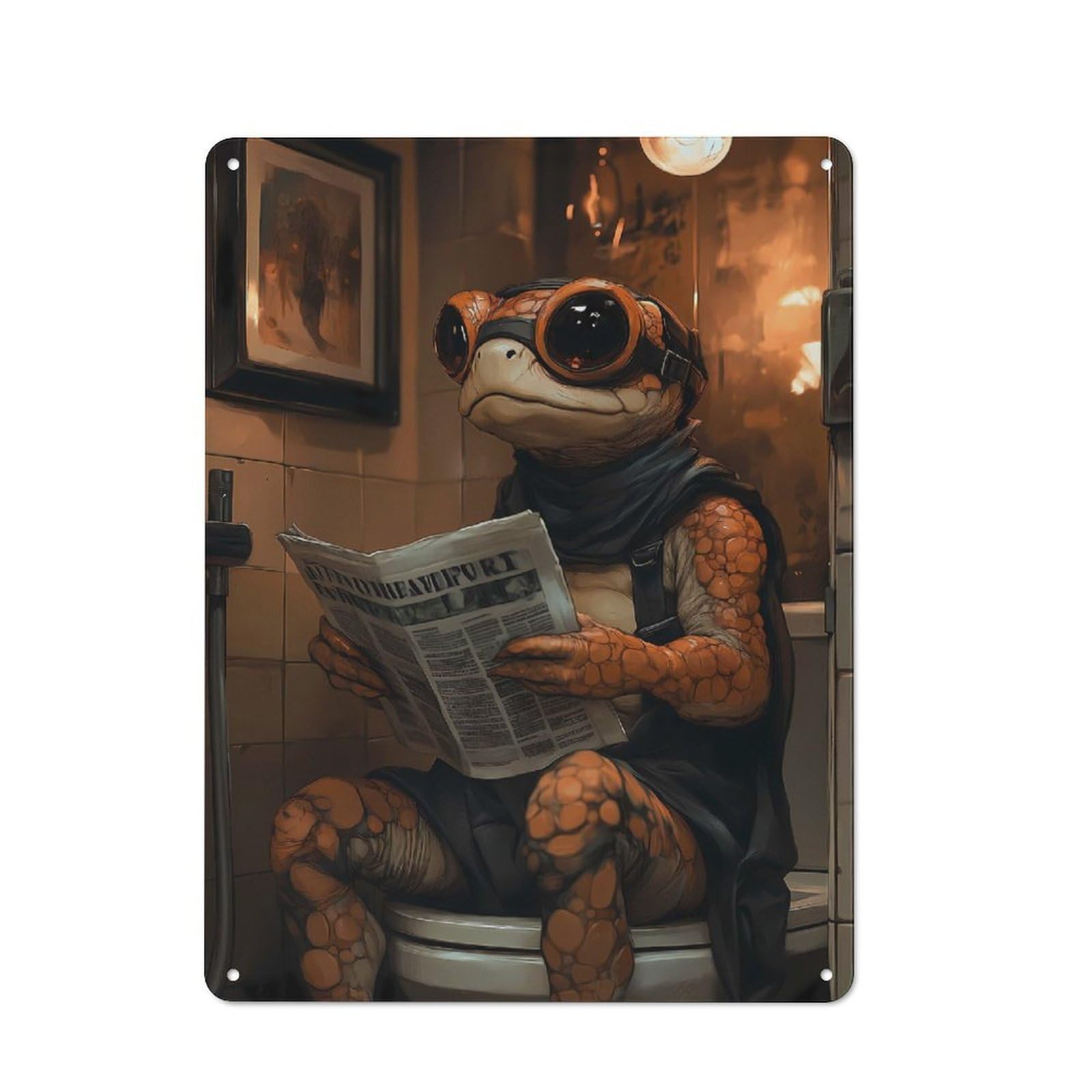 Junmoney Style-7 Anthropomorphic Turtle Reading Newspaper On Toilet Vintage Tin Sign 40X30cm For Café Or Restaurant, Suited To Café Owners And Decorators