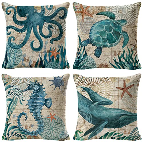 Fokusent Sea Turtle Throw Pillow Covers 18X18 Set Of 4 Nautical Pillow Cover, Coastal Ocean Seahorse Octopus Decorative Pillow Cases For Bedroom Sofa Home Decor (Sea Theme) #TOP4