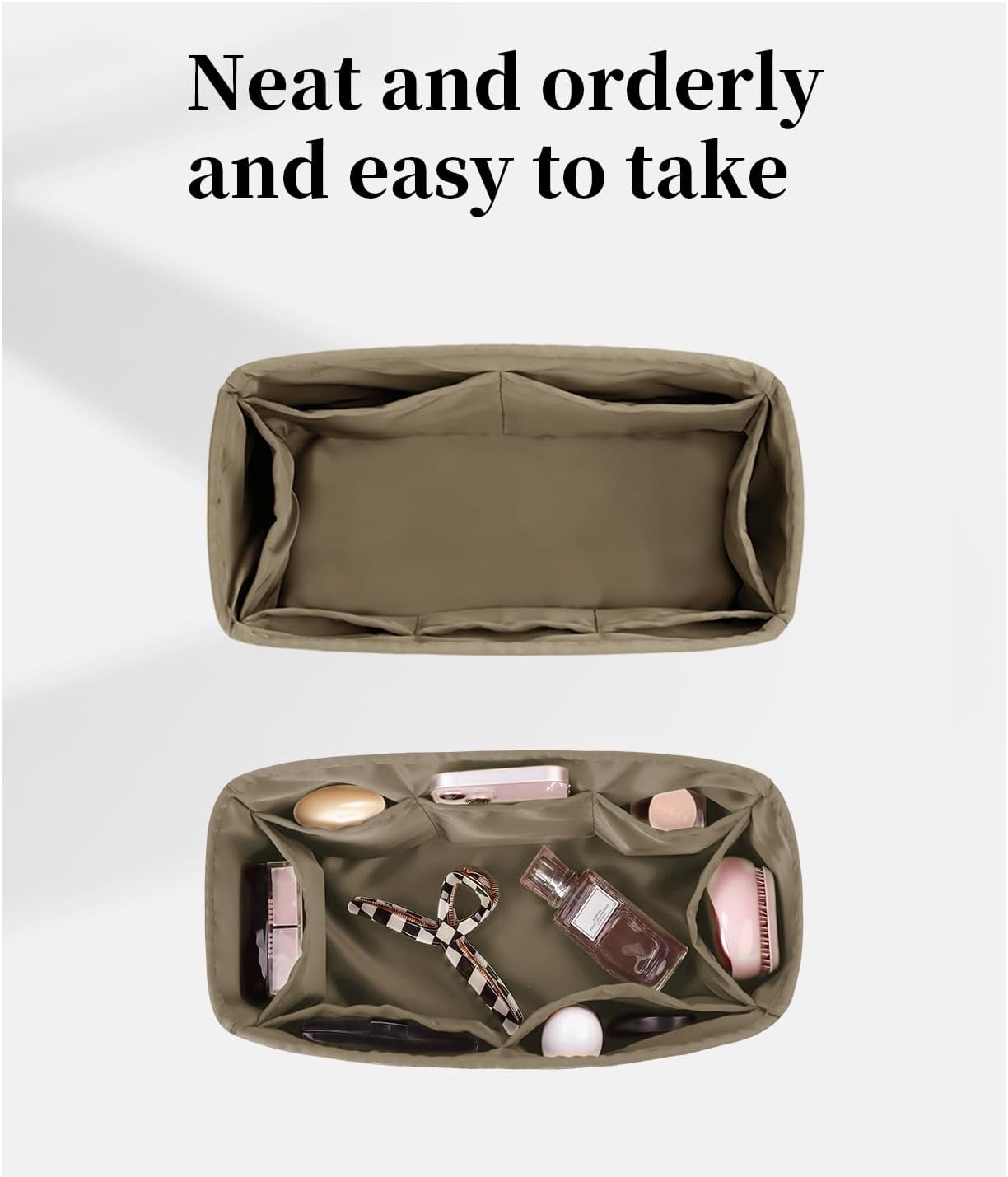 バッグインバッグ サテン生地インナーバッグ バッグ収納 軽量整理 オンザゴーGMに合う（オンザゴーGM用、ダークグレー）