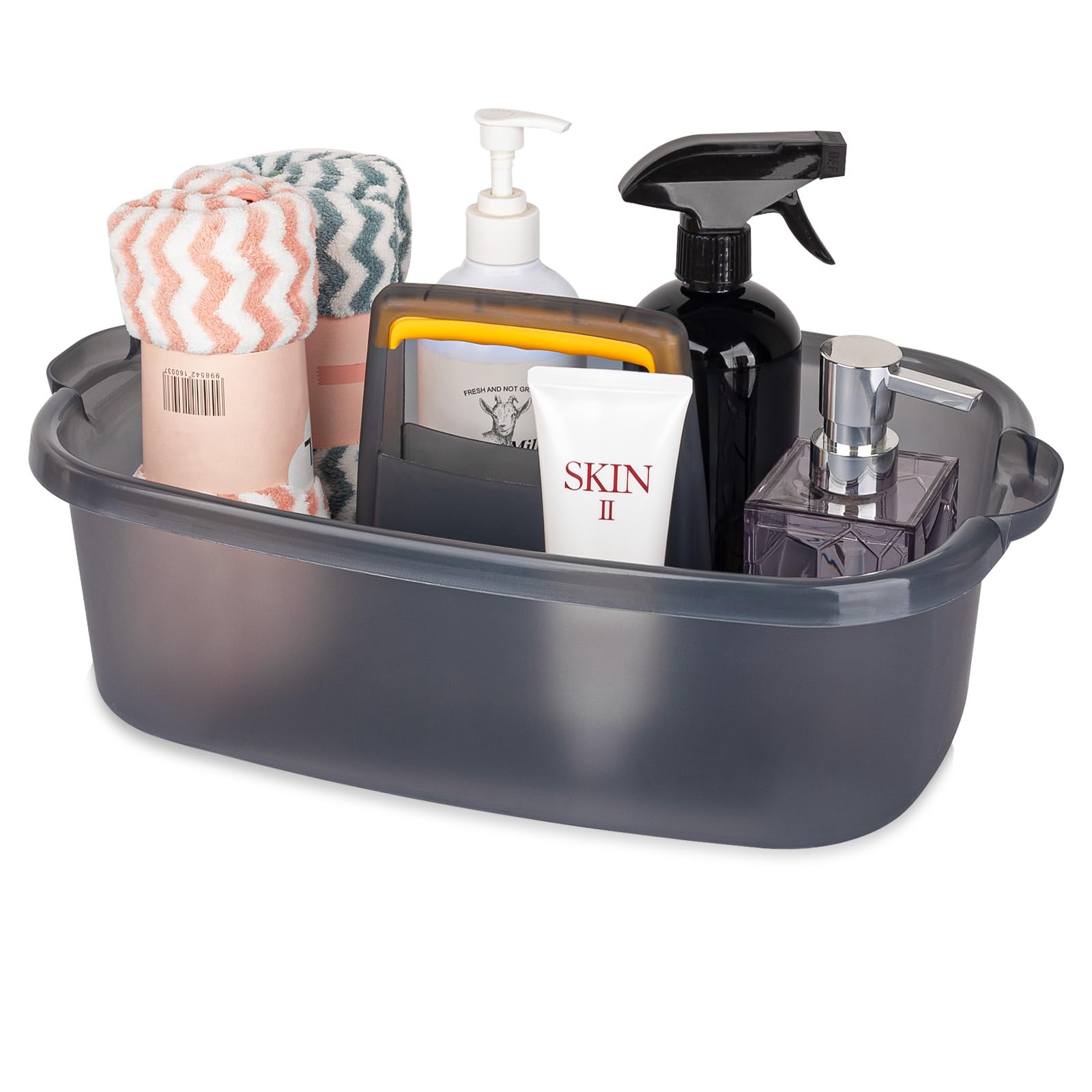 JiatuALarge Cleaning Supplies Caddy Portable Shower Caddy Basket Organizer with Handle Plastic Bucket Tool Storage for Bathroom, Bedroom, Kitchen, College Dorm, Under Sink, Garden, Clear Grey