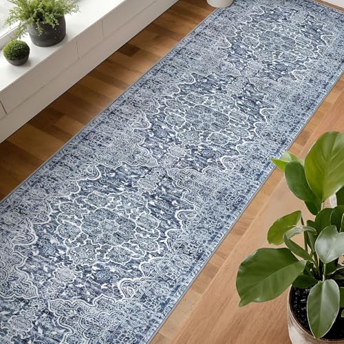 KUTA Vintage Washable Runner Rug 2.6x14, Non-Slip Hallway Kitchen Runners Blue White with Rubber Backing, Ultra Soft Printed Distressed Medallion Extra Long 14ft Carpet Rugs Indoor for Stairs