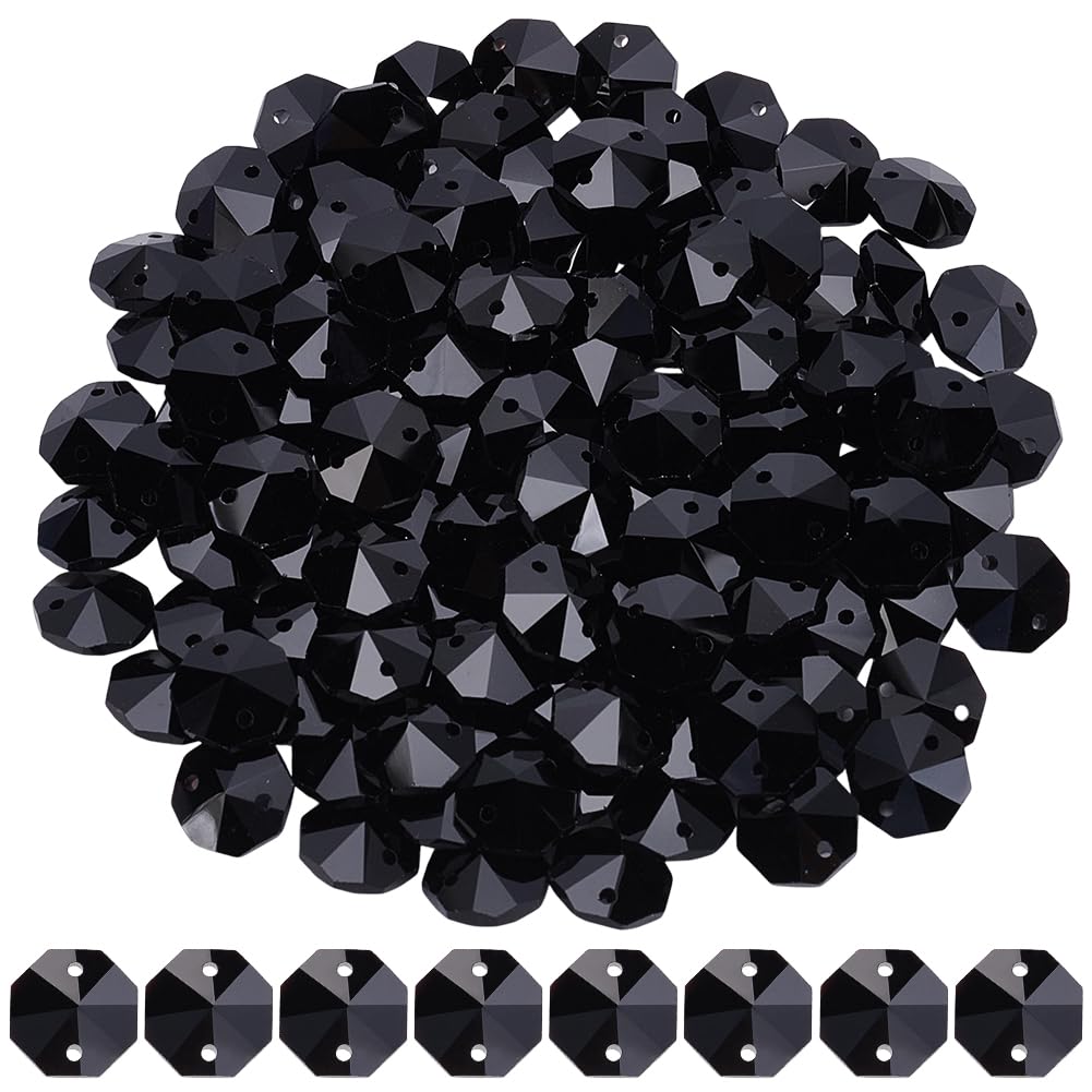 SOFPLATE 120Pcs Black 14mm Octagonal Crystal Beads 2 Holes Prism Beads Bulk Faceted Chandelier Parts Replacement Hanging Pendants Connector Suncatcher Spacers for DIY Lamp Hanging Ornament Jewellery