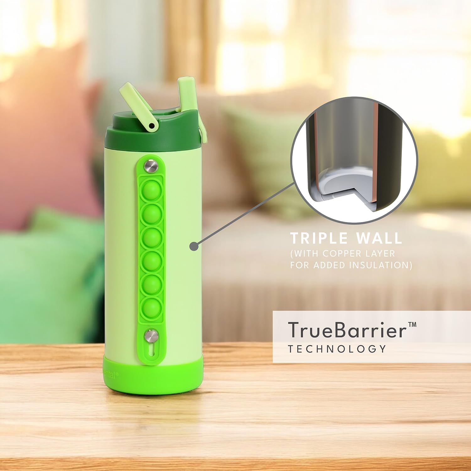 Elemental Iconic Kids Water Bottle for School - 100% Leak-Proof Insulated Water Bottles with Straw Lid & Pop-It Handle for Boys & Girls - Triple-Wall Insulated & BPA-Free, 14oz – Island Green - Image 4