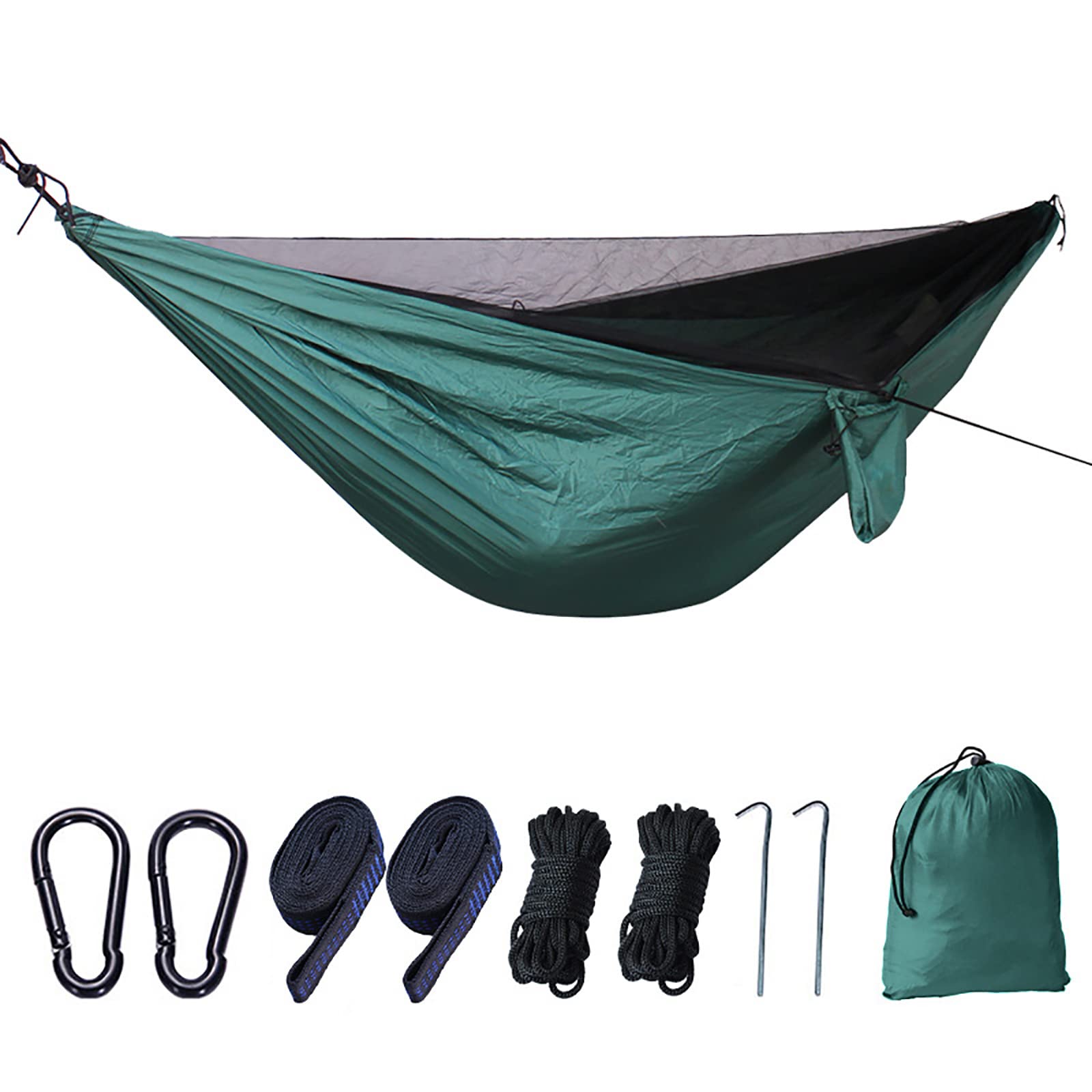 hammock, 260cm×140cm with Net Portable Travel with Tree Straps D-Shaped Carabiner Elastic Rope Loop Parachute Nylon