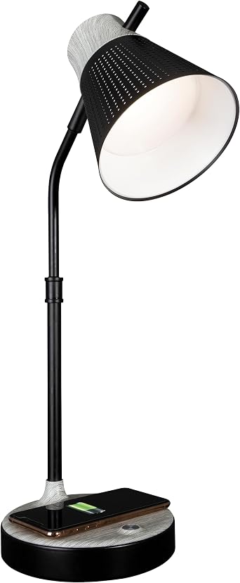 OttLite Wellness Series Wireless Charging LED Table Lamp, Black with Grey Woodgrain Accents,Touch Activated Controls, Flexible Neck, ClearSun LED Light, for Work, Study, Reading...