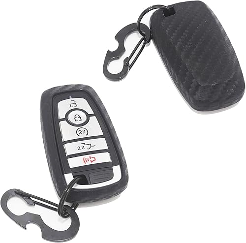 Miniatura 4 de YJMOTOR Funda protectora de goma de silicona suave con textura de fibra de carbono con llavero para Ford Bronco Mustang Fusion Raptor F150 F250