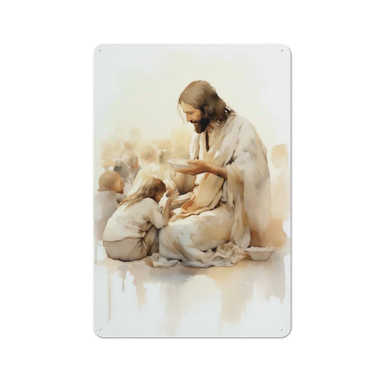 Jesus Feeding Children Understated Metal Wall Decor 30x20cm, Decorative Metal Sign for Workspace, Cafe, Shop Or Desk Area