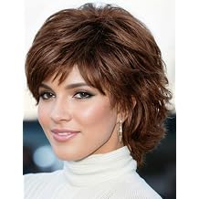 TISHINING Pixie Cut Short Brown Curly Wigs for White Women Fluffy Layered Auburn Heat Synthetic Hair Wig with Bangs Natural Looking Daily Party Wig