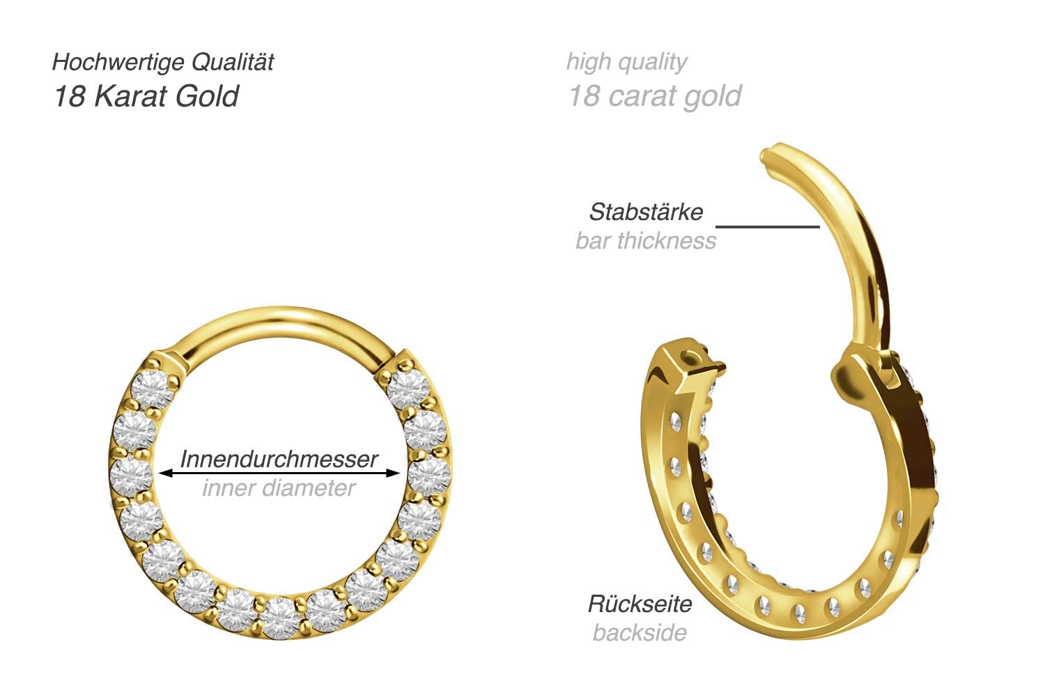 PIERCINGLINE 750er Gold Segmentring Clicker | 18 KARAT | KRISTALLE | Piercing Ring Nase Septum Ohr Helix | Farb & Größenauswahl