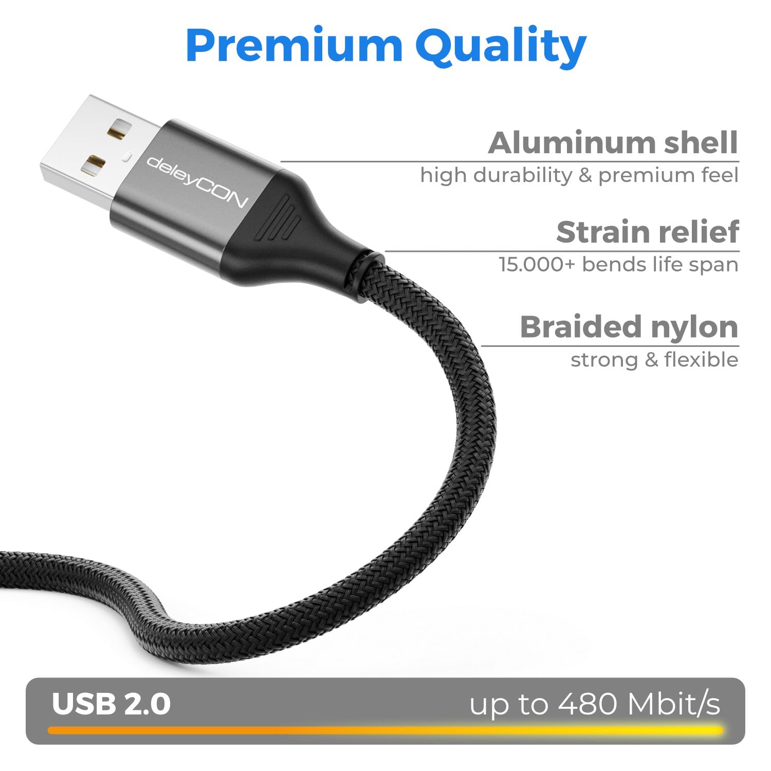 deleyCON 2m Cavo Stampante USB (per Stampante, Scanner, MIDI) USB-A a USB-B Intrecciato + Spina Metallica per Epson Brother Canon Notebook Tablet PC MacBook HP Samsung