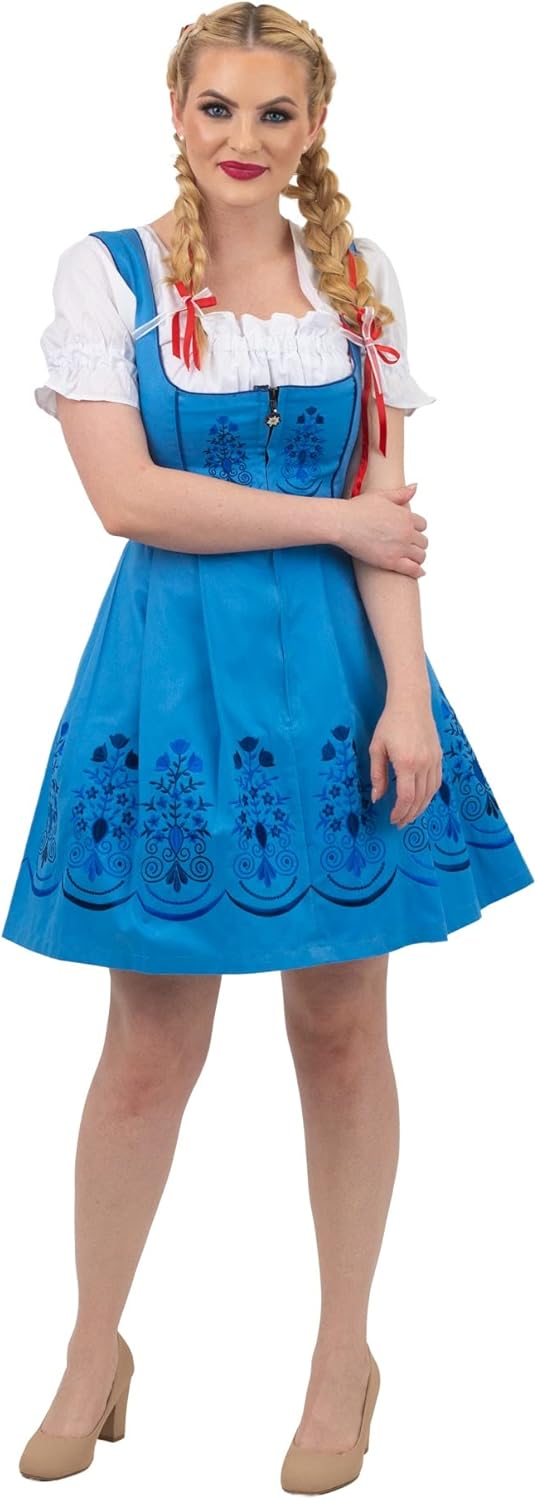 Dirndl Trachten Haus 3-Piece Womens Sky Blue Short Above The Knee German Oktoberfest Dirndl Dress