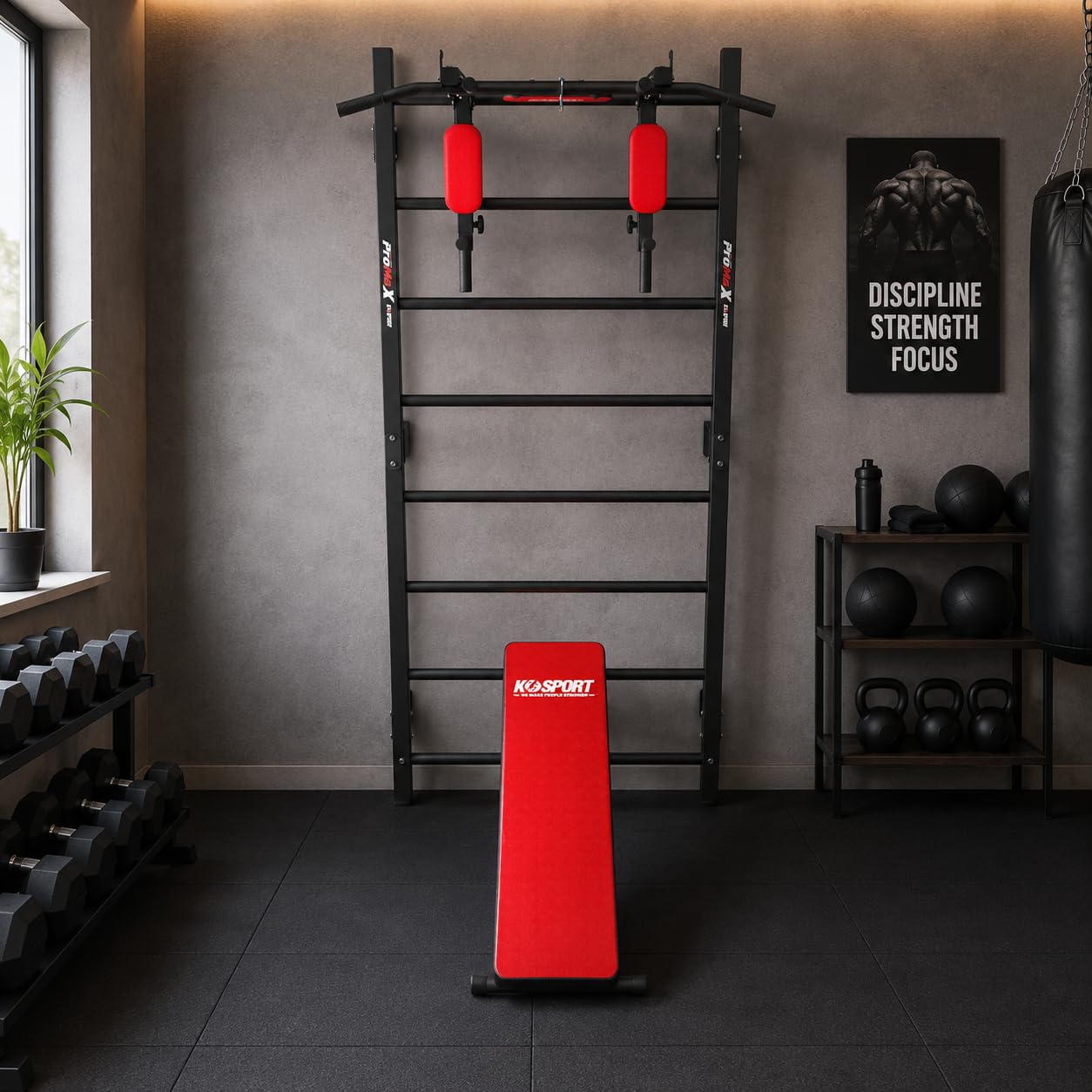 K-Sport: Juego de Entrenamiento con espaldera I estación de Dip I Barra de dominadas y Banco de Entrenamiento I estación de Fuerza con Barra de dominadas I Barra y Banco de Pesas, Incl. E-Book