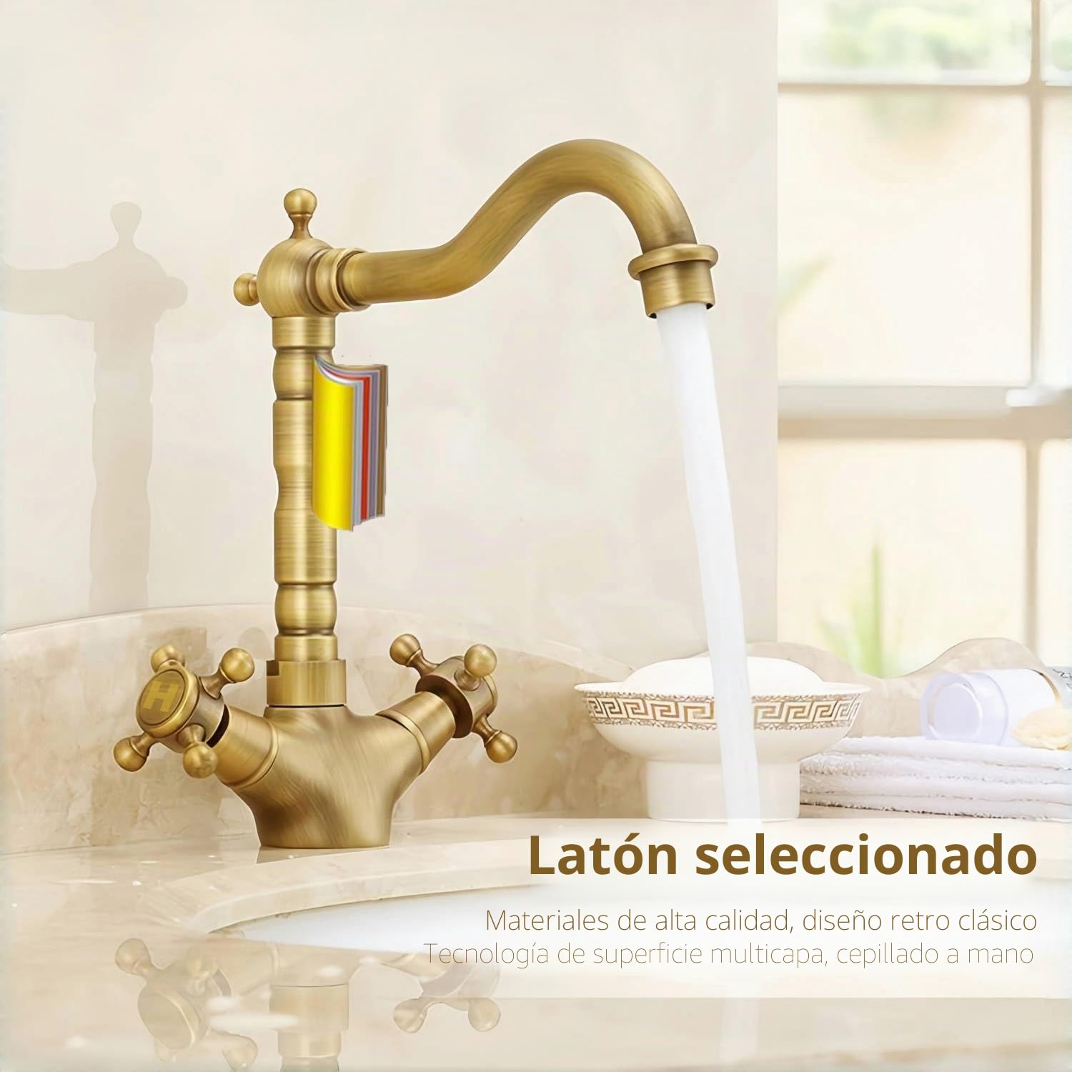 Grifo Cocina Fregadero de Latón Antiguo, Retro Grifos de Lavabo de Doble Maneta, Vintage 360° Giratorio Mezclador Bronce de Baño de Agua Caliente y Fría