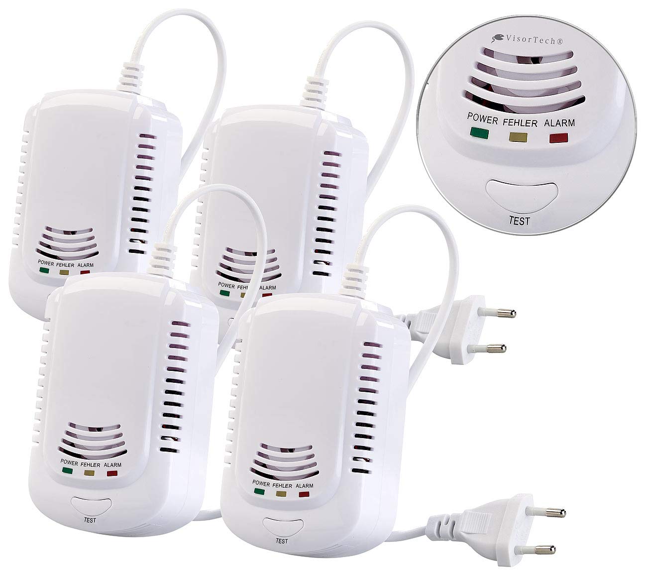 VisorTech Gas Detektoren: 4er-Set Multi-Gasmelder für haushaltsübliche Gase, mit 3 LEDs, 85 dB (Gaswarnanlage, Gaswarner)