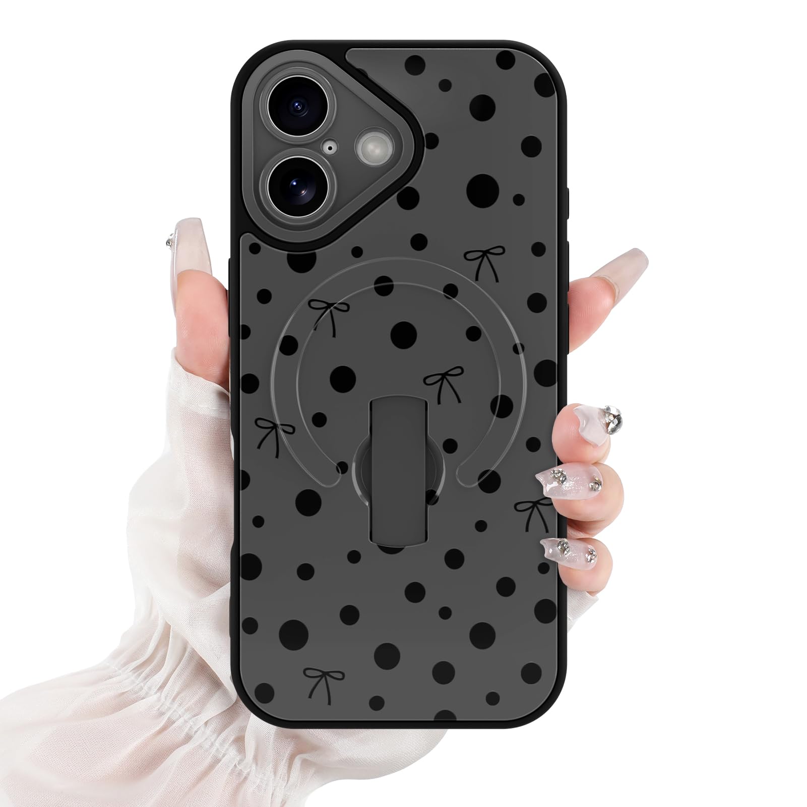 Coque iPhone 17 béquille mains libres et motif nœud à pois