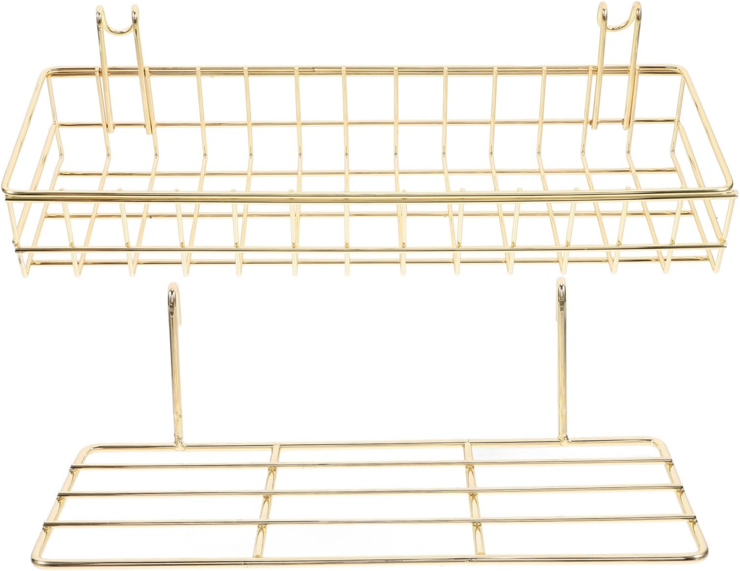 2Pcs Gold Wire Wall Mounted Baskets with Hooks Grid Storage Shelf for Home Organization and Sturdy Wire Display Rack for Wall Decor Easy Installation