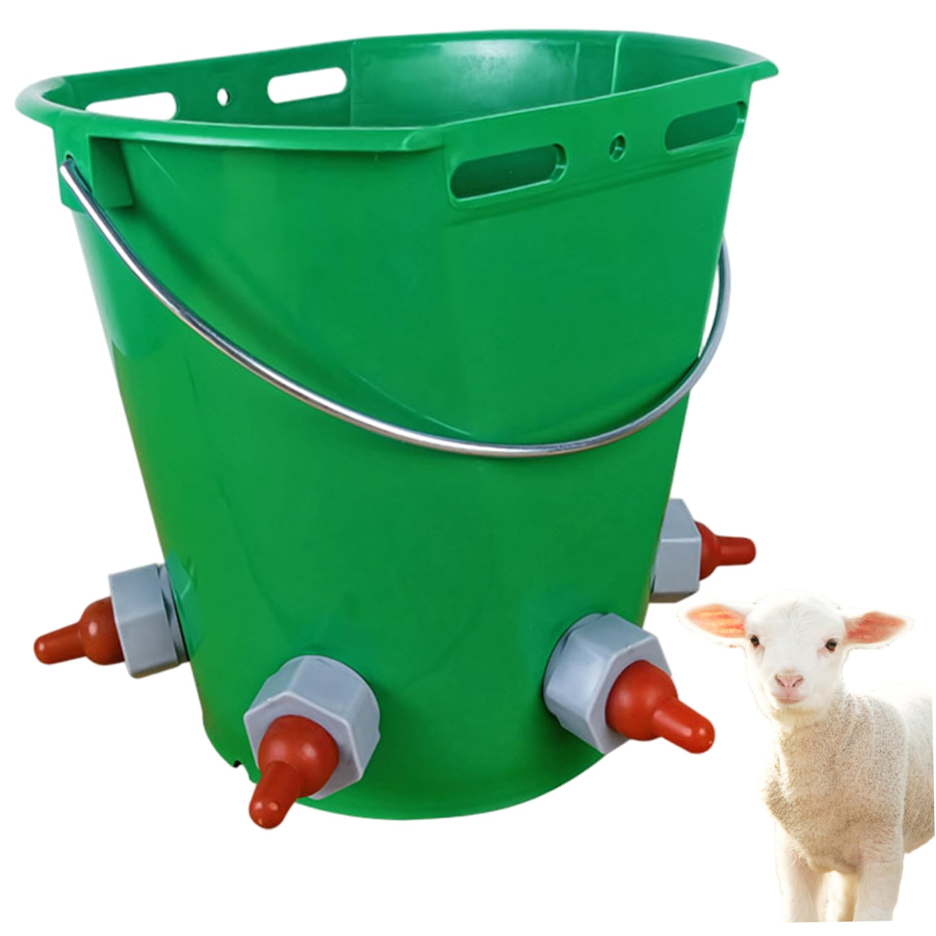 Seau d'alimentation, mangeoire à lait de bétail de capacité 8 L avec tétine, mangeoire à mouton verte et seau biberon pour veaux, agneaux et enfants, 5 bouches