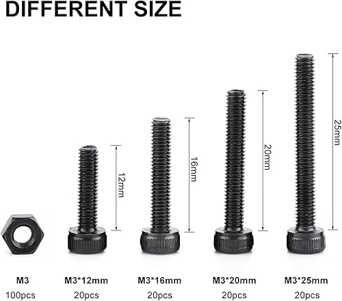 Miniatura 2 de Walfront Kit surtido de tornillos M3, tornillos de cabeza de botón de grado 12.9, tornillos de cabeza de zócalo, tornillos, tuercas con estuche de
