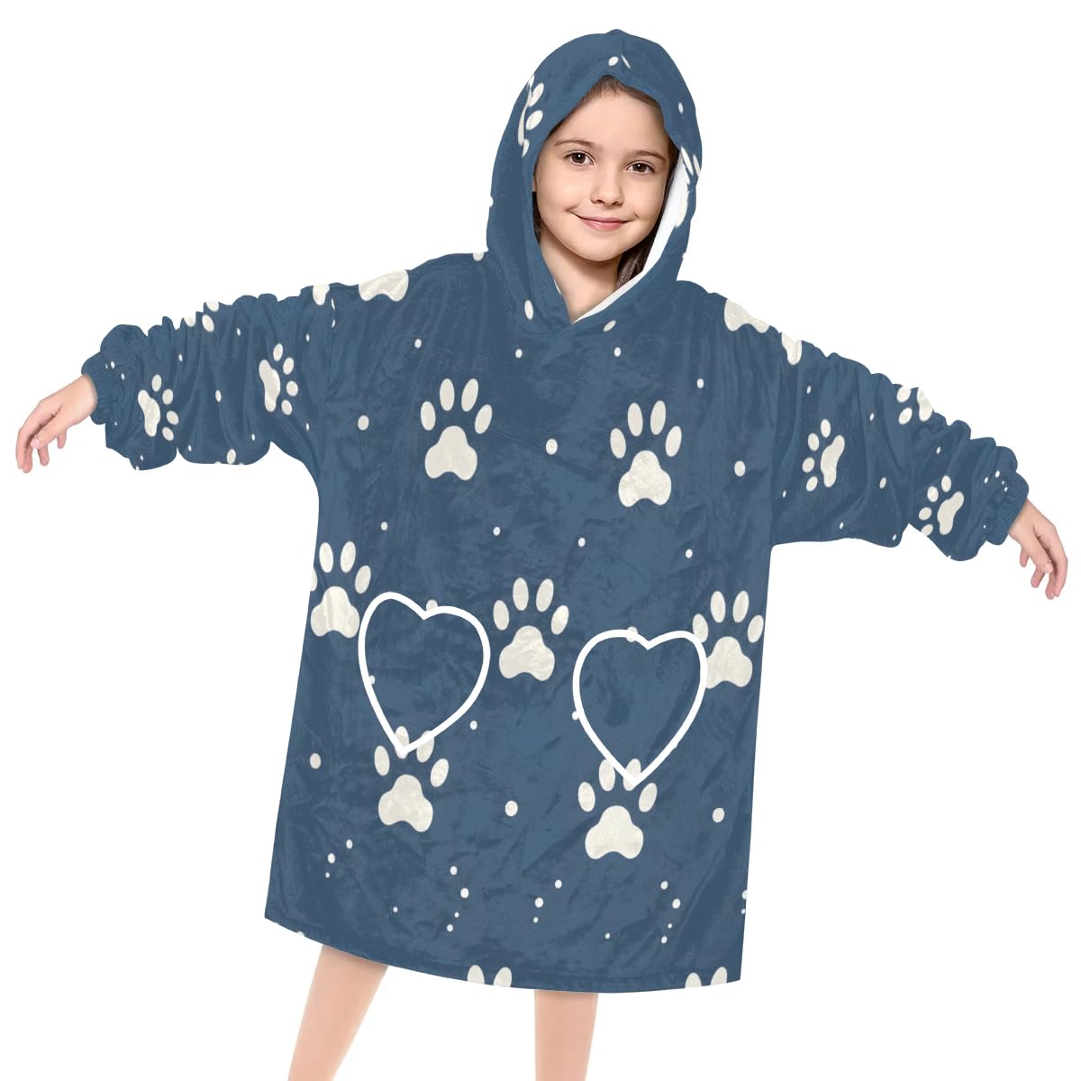 Wearable Blanket Hoodie for Kids, White cat paw print Fleece Sweatshirt Blanket White cat footprints Oversized Blanket Sweatshirt with Pocket Flannel Warm Hooded Blanket 6-10 Year Old Girl Boy Gift
