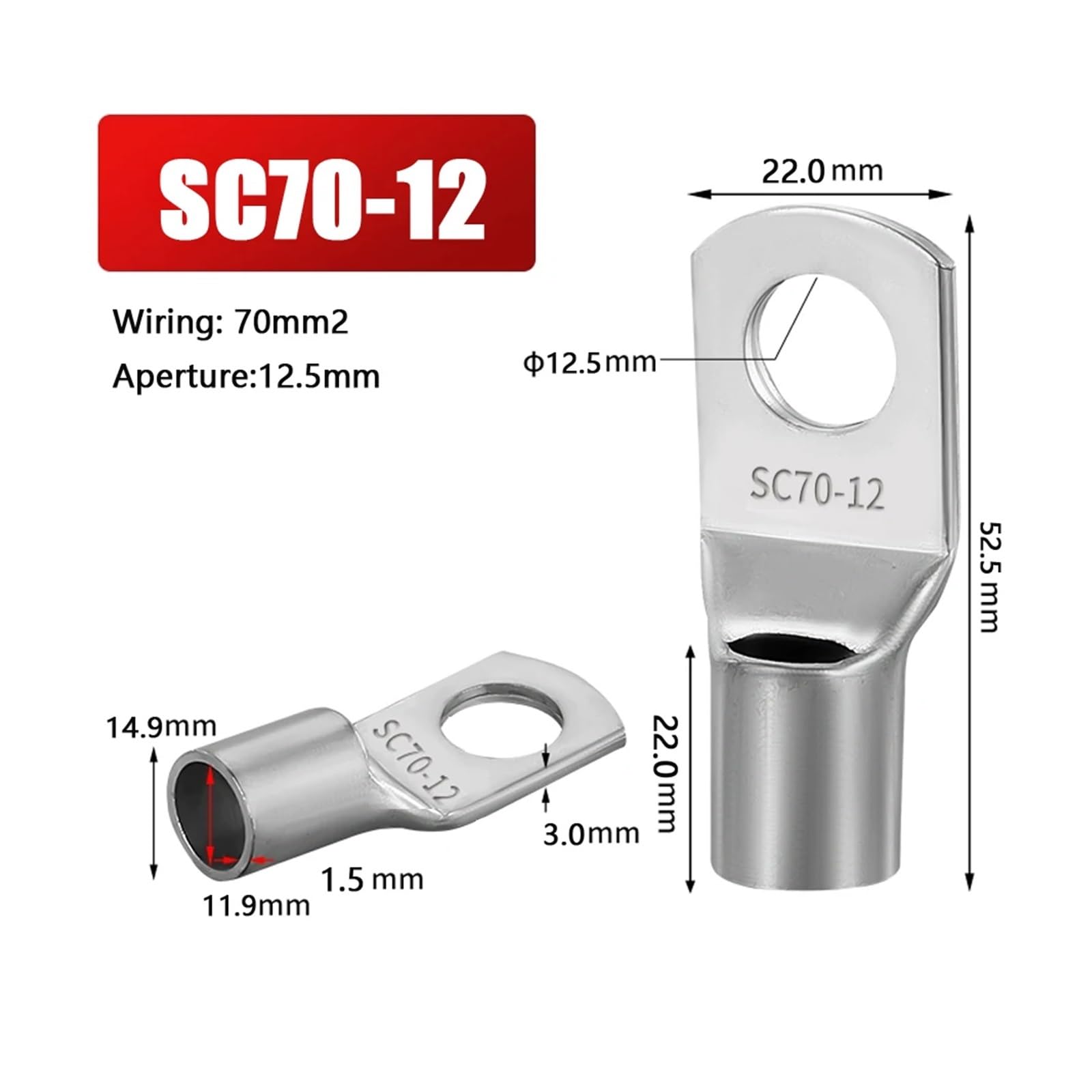 Bolzenloch-Ringkabelschuhe, 2–50 Stück verzinnte Kupfer-SC-Crimp-Ringkabelschuhe for 6–70 mm² Draht M6 M8 M10 M12(SC70-12,20PCS)