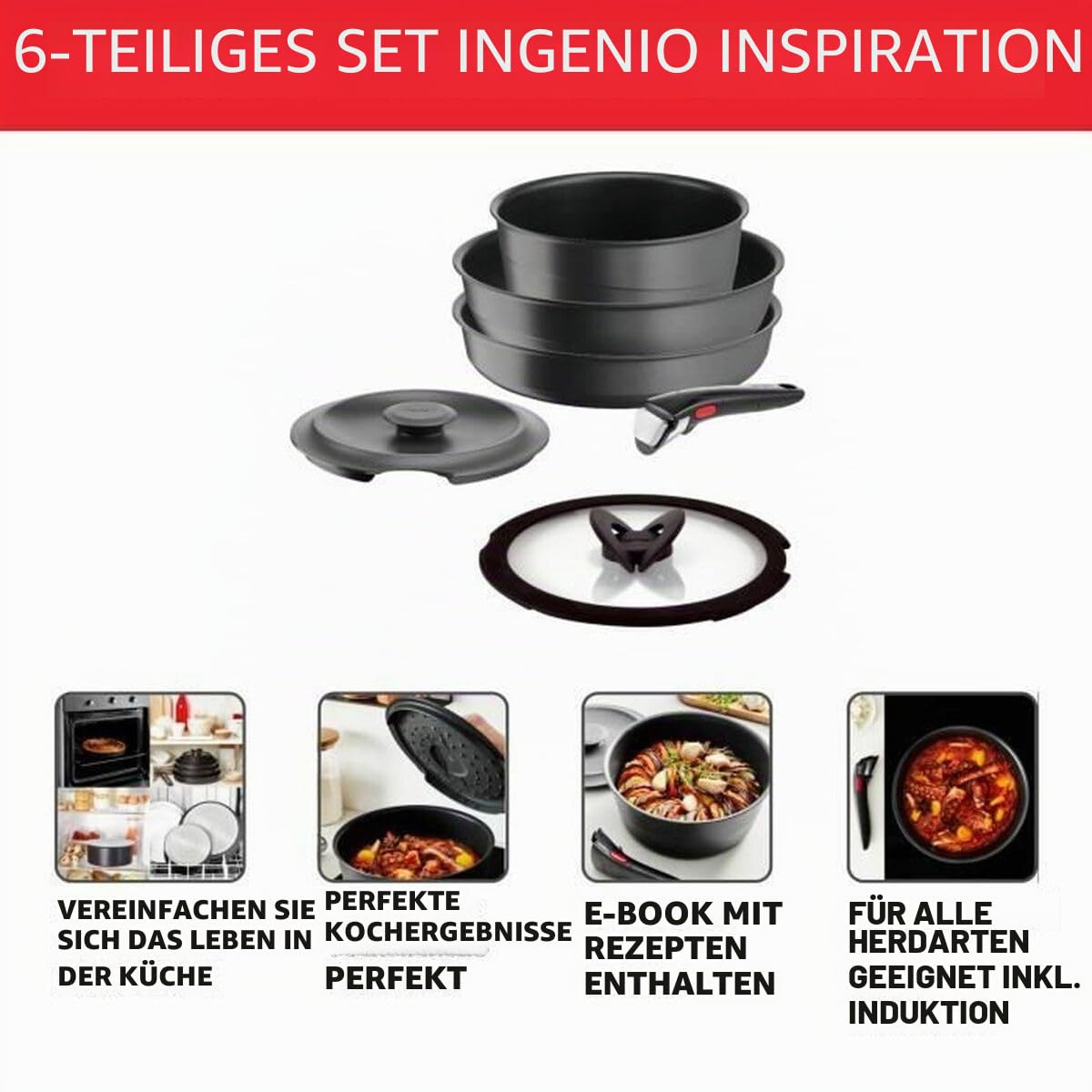 Tefal Ingenio 6-teiliges Set, Induktion, Aluguss, Pfanne, Wok + Glasdeckel, Schmortopf + Deckel aus Gusseisen, abnehmbarer Griff, spülmaschinengeeignet, Inspiration L867S604