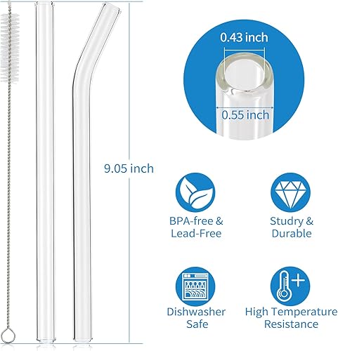 Miniatura 2 de RENYIH 10 popotes de vidrio reutilizables de 0.354 x 0.551in de ancho, pajitas de batido jumbo para té de burbujas, batidos, juego de 5 rectas y 5