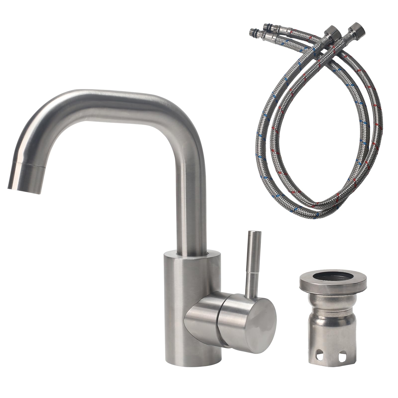 Mitigeur Cuisine Acier Inoxydable, Robinet Salle Bain Pivotant à 360°, Robinet Lavabo avec Tuyau, Robinets Lave Main pour Salle de Bain ou Petite Cuisine (Couleur Brossée)
