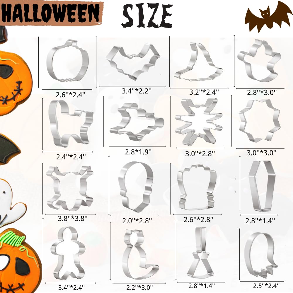 Halloween Cookie Cutters Set,16 Shapes Biscuit Cutters Halloween, Ghost, Bat, Pumpkin, Cat, Witch, Spider, Skull - Image 3